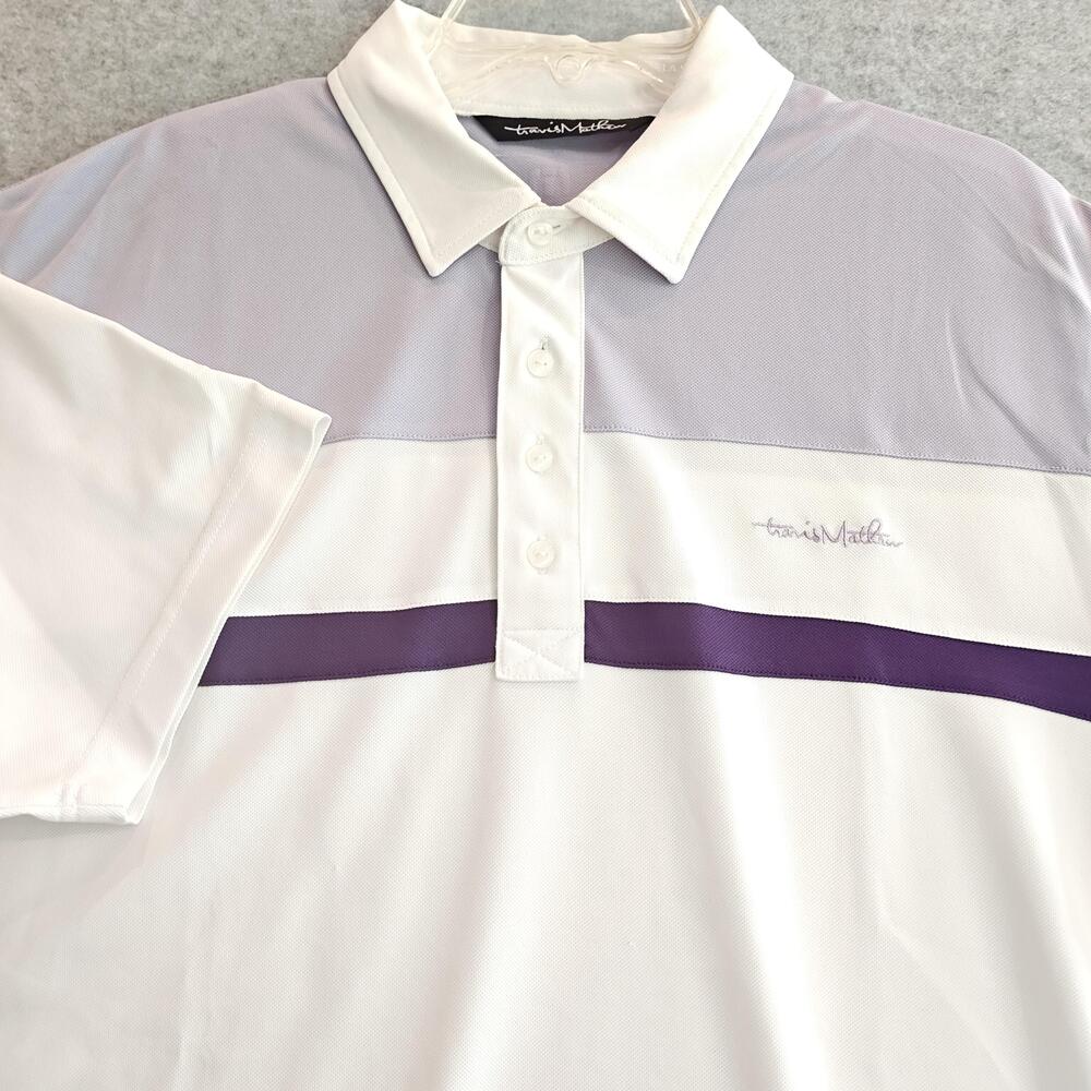 Travis Mathew Polo Shirt Mens XL White Purple Colorblock Golf Performance